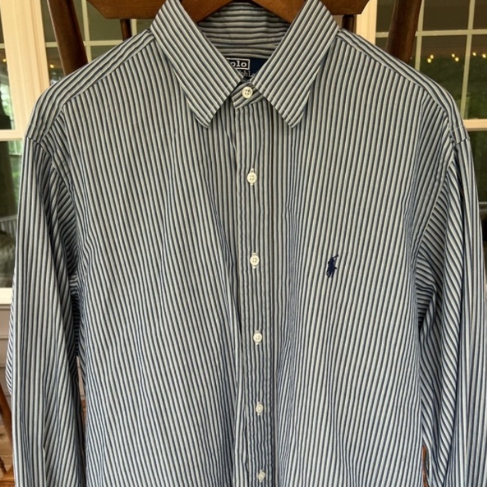 Polo By Ralph Lauren Men’s Long Sleeve Alcott Cotton Shirt Blue Striped 17 34/35